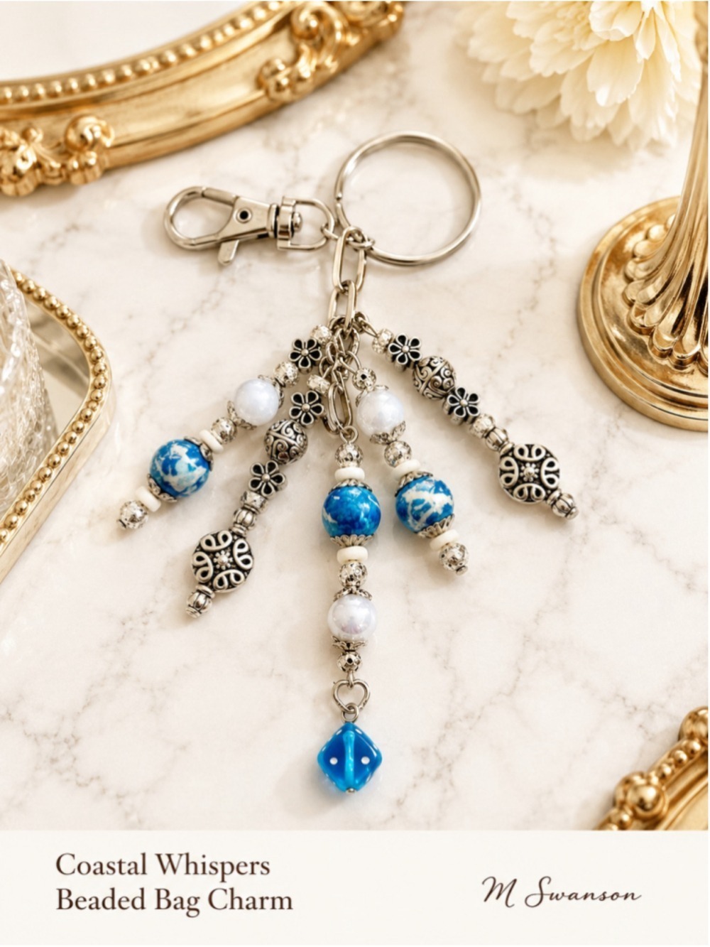 NEW Coastal Whispers with Dice Crystal Handmade Bag Charm Keychain (#34)